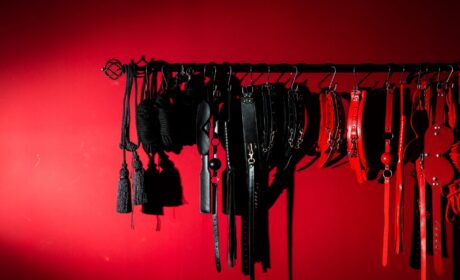 thumbnail sexual toys hanging rack against red background
